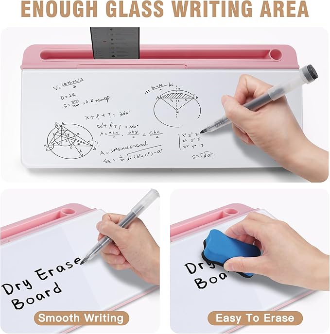 SELEAD Desktop Glass Whiteboard with Organizer & Built-in Mirror - Small Dry Erase White Board Computer Pad Keyboard Stand with Markers, Eraser, Holder for Women Girls - Pink
