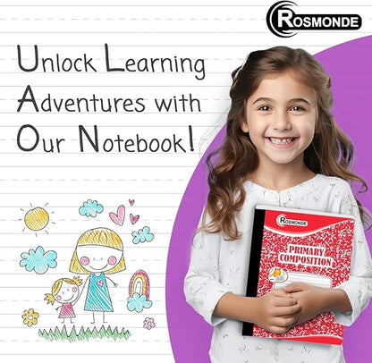 12 Pack Primary Composition Notebooks, 200 Pages (100 Sheets), Primary Ruled Composition Notebook for Kids, 9-3/4" x 7-1/2", Grades K-2 Writing Workbook, Writing Dotted Lined, Assorted Marble