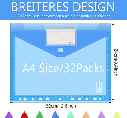 A4 Binder Pockets,32 Pack File Envelopes for 2/3/4 Ring Binder,8 Colors Binder Folders with Hook and Loop Closure and Label,Plastic Envelopes Binder Folders with 11 Holes for School Office Home