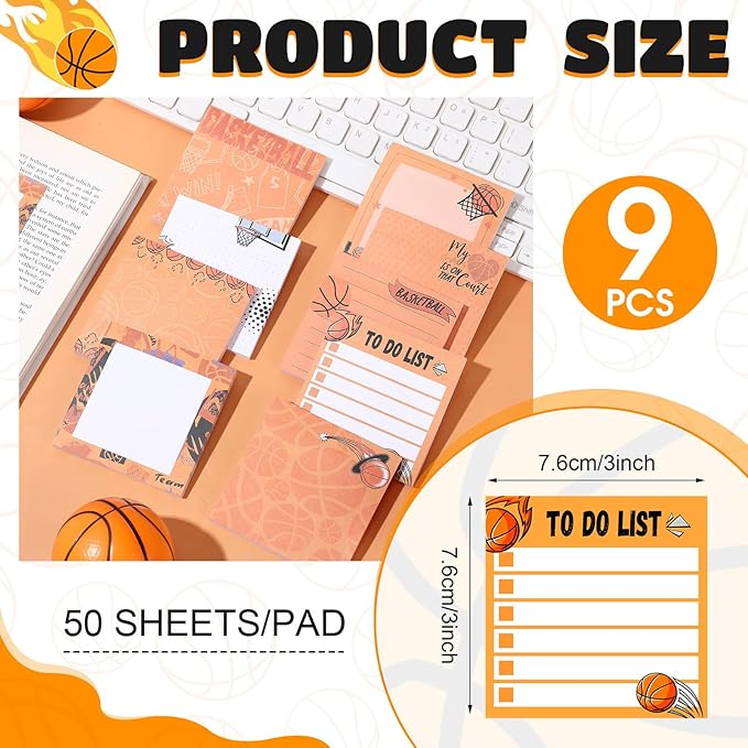 Thenshop 9 Pads Sport Sticky Notes Ball Self Stick Notepads 3x3 Inches Notes Cute Adhesive Memo Pad Gifts for Office Sports Birthday Party Favors(Basketball)
