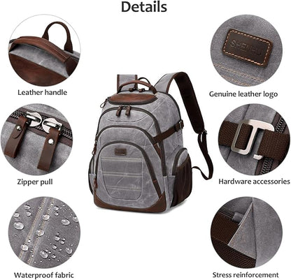 Travel Laptop Backpack 17.3 inch XL Computer Backpack for Men Waxed Canvas College Daypack Business Backpack Gray