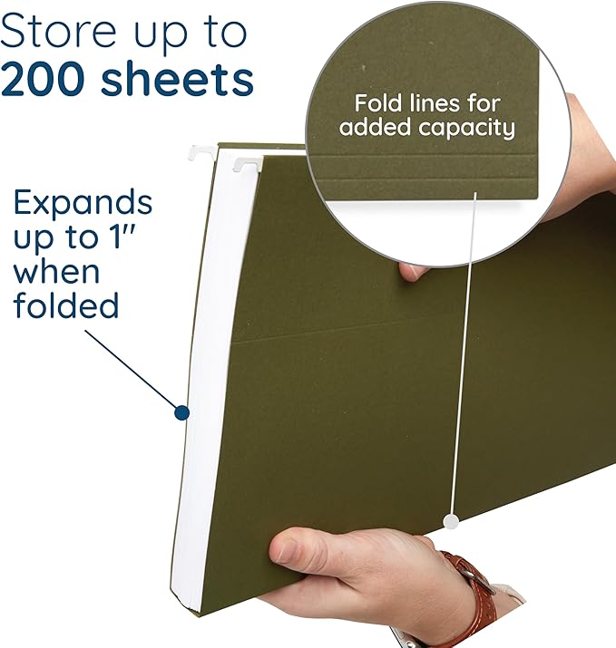 25 Blue Summit Supplies Legal Size Hanging File Folders – Standard Green Hanging File Folders Legal Size, Durable 12pt Paper with Plastic Tab and Paper Inserts Included