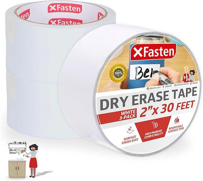 XFasten Dry Erase Tape White 2-Inch x 30-Feet (3-Pack 90 Feet Total) Zero Smudging Ghosting-Free Whiteboard Tape, Reusable Dry Erase Labels for Storage Bins, Sentence Strips for Teachers