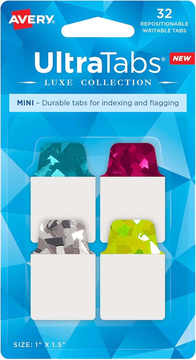 Avery Mini Ultra Tabs, 1" x 1.5", Holographic Jewel Tone Colors, 32 Repositionable Page Tabs (74146)