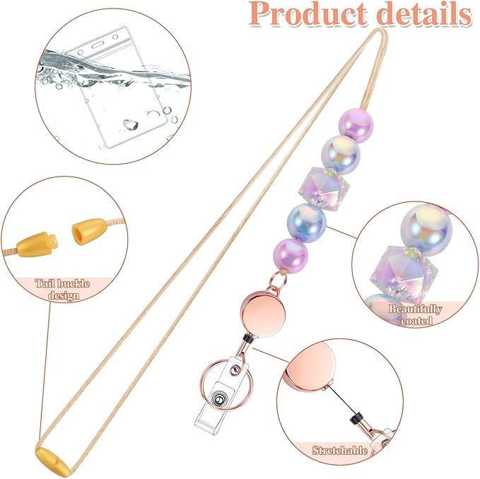 6 in 2 Set Retractable Lanyard for ID Badges, Teacher Lanyard with Badge Holders Beaded Cute Lanyards for ID Badges Keys Teacher Appreciation Gifts Office Gift for Coworkers