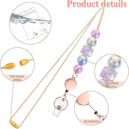 6 in 2 Set Retractable Lanyard for ID Badges, Teacher Lanyard with Badge Holders Beaded Cute Lanyards for ID Badges Keys Teacher Appreciation Gifts Office Gift for Coworkers