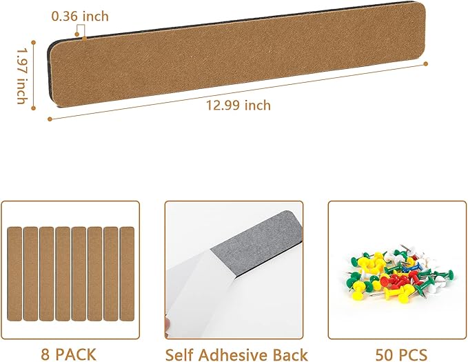 8 Pack Felt Pin Board Bar Strips Bulletin Board for Bedrooms Offices Home Wall Decoration, Notice Board Self Adhesive Cork Board with 50 Push Pins for Paste Notes, Photos, Schedules