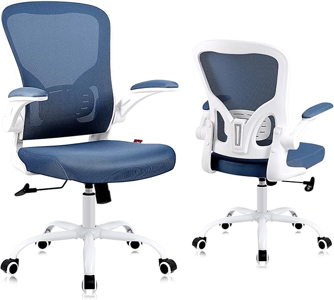 Flysky Ergonomic Office Desk Chair Breathable Mesh Swivel Computer Chair, Lumbar Back Support Task Chair, Office Chairs with Wheels and Flip-up Arms, Adjustable Height(White & Blue)