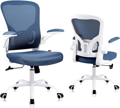 Flysky Ergonomic Office Desk Chair Breathable Mesh Swivel Computer Chair, Lumbar Back Support Task Chair, Office Chairs with Wheels and Flip-up Arms, Adjustable Height(White & Blue)