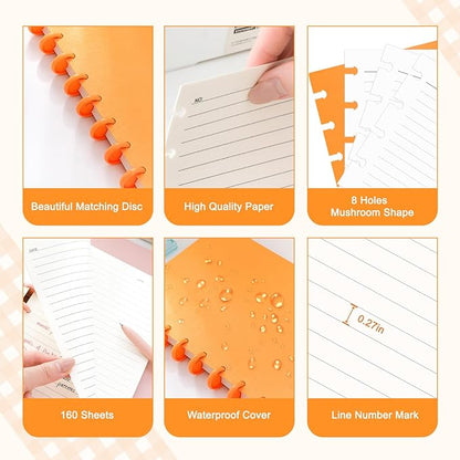 Discbound Notebook, 8-Disc Disbound Planner with Removable Pages, 180 Pages Spiral Notebook, Poly Cover Discbound Planner for Work, Travel, Note Taking(With Index Sticker),Orange,A4