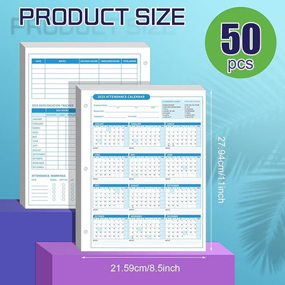 ReliThick 50 PCS 2025 Attendance Calendar Card Stock Paper 2025 Attendance Sheets for 3 Hole Binder Employee Record Folders for Manager, HR, Store Location Managers(Blue)