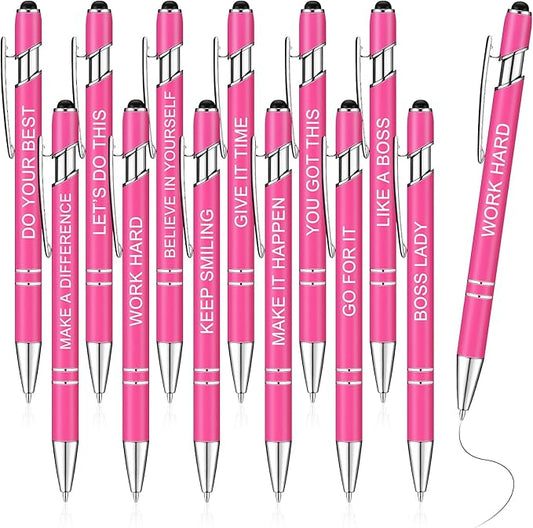 Zonon 12 Pieces Inspirational Pens Bulk Easter Basket Stuffers Motivational Quotes Ballpoint Pens with Stylus Tip Inspirational Gifts for School Office Teachers(Pink,Boss Lady)