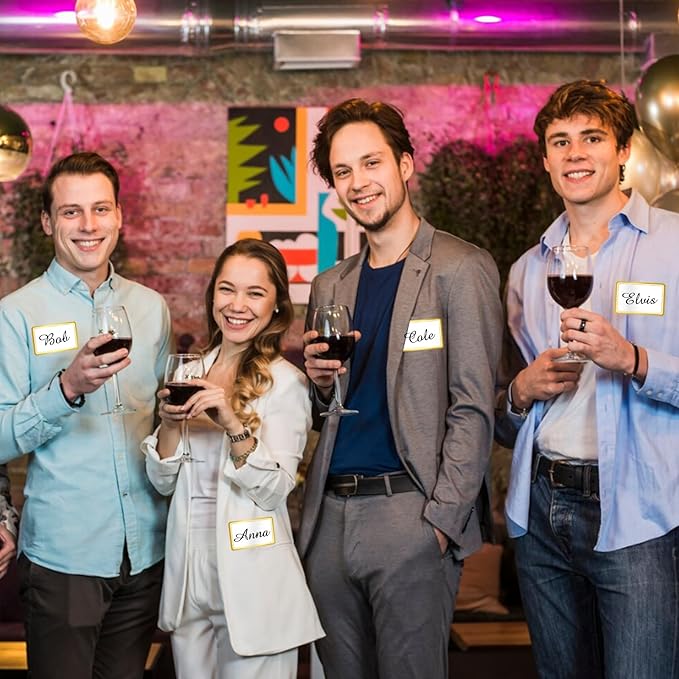 2" x 3" 200 PCS Name Labels, Waterproof Blank Name Tag Stickers with Permanent Adhesive Writable Stickers with Metallic Gold Border for School Office Home