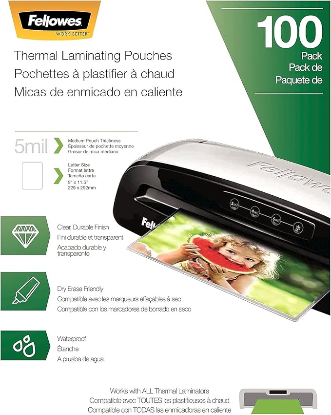 Fellowes Thermal Laminating Pouches, 5mil Letter Size Sheets, 9 x 11.5, 100 Pack, Clear (5743501)