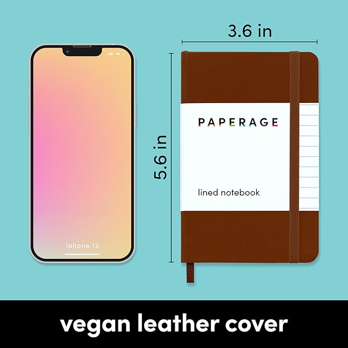 PAPERAGE Lined Pocket Journal Notebook, 1 Pack, (Cognac), 160 Pages, Small, 3.6 inches x 5.6 inches - 100 GSM Thick Paper, Hardcover