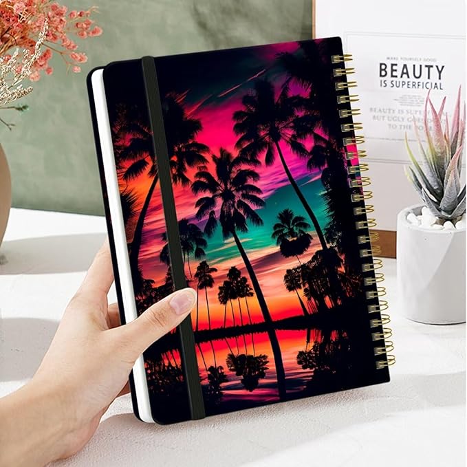 Spiral Notebook - A5 Spiral Notebooks, 8.3'' × 5.8'', 160 Pages, Aesthetic Journaling Notebooks for Women, College Lined Notebook with Elastic Closure, Back Pocket, for School Office, Dusk