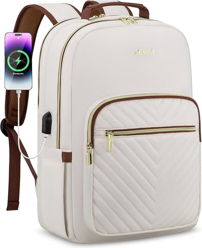 LOVEVOOK Laptop Backpack for Women 17.3 inch,Cute Womens Travel Backpack Purse,Professional Laptop Computer Bag,Waterproof Work Business College Teacher Bag Carry on Backpack with USB Port,White Brown