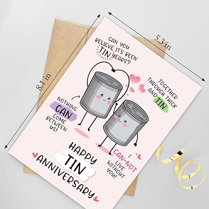 Funny 10 Years Anniversary Card, Cute Tin Pun 10th Anniversary Card for Husband Wife, Hilarious Ten Years Anniversary Card for Him Her, Happy Tin Wedding Anniversary Card