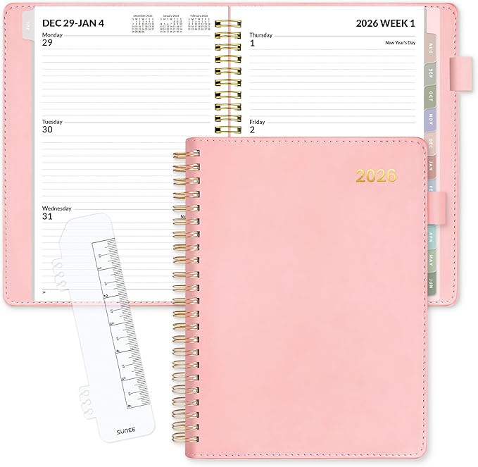 SUNEE 2026 Weekly & Monthly Planner 6.4"x8.5"- 12 Month (January 2026 - December 2026), Vegan Leather Cover, Pocket, Bookmark, Notes, Monthly Tab, Peach Pink