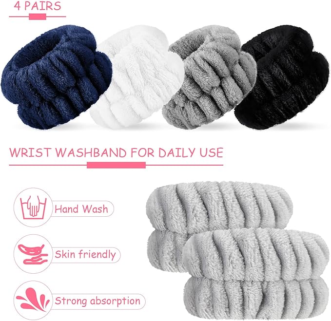 Chuangdi 4 Pairs Wrist Bands for Washing Face Wrist Spa Microfiber Wash Towel Band Scrunchies Absorbent Wristbands Sweatband for Women Prevent Liquid from Spilling
