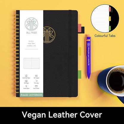 Alltree Lined Journal Notebook, Spiral Notebook for Work, Leather Hardcover Spiral Notebook with Tabs, Pen Loop, Pocket, Stickers, 160 Pages, Journal for Women & Men, Black(6"x8.5")