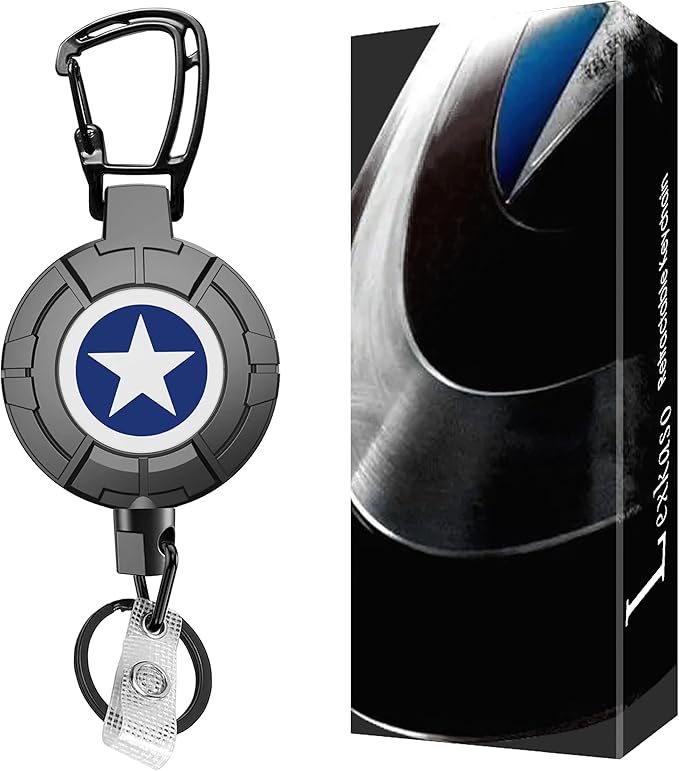 Rotating Blue Star Faceplate Badge Reel with Retractable Steel Wire Keychain, Heavy Duty Carabiner Holder, Ideal for Key & Card Storage Gift for Men