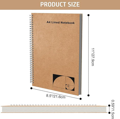 A4 Lined Spiral Notebook, 2 Pack Large Spiral Journal for Writing, 200 Pages 100gsm Thick Lined Paper Notebooks for Work, Class, Taking Notes, Drawing - Kraft Brown Cover, 8.5" x 11"