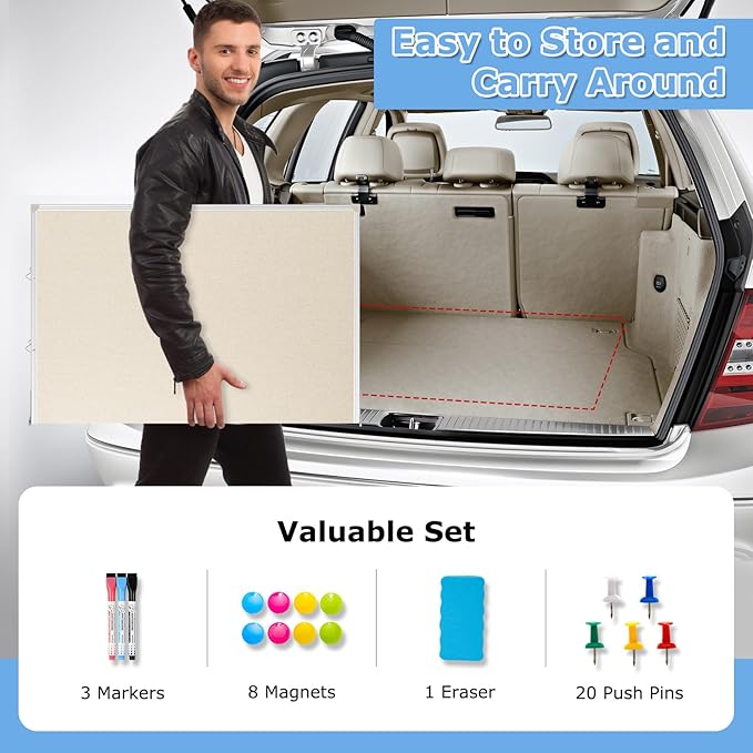 DOLLAR BOSS Foldable Linen Cork Board White Board Combo 48 x 36 in Extra Large Magnetic Whiteboard Dry Erase Bulletin Board Portable Double Sided Aluminum Frame Pin Board for School Office, White