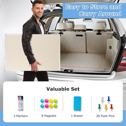 DOLLAR BOSS Foldable Linen Cork Board White Board Combo 48 x 36 in Extra Large Magnetic Whiteboard Dry Erase Bulletin Board Portable Double Sided Aluminum Frame Pin Board for School Office, White