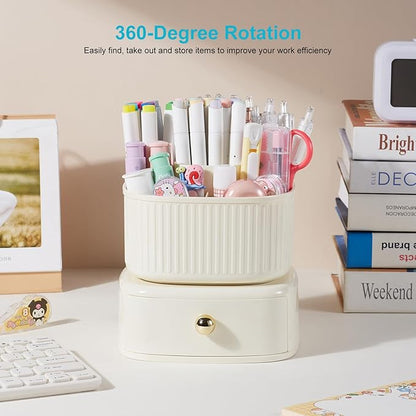 360 Degree Rotatable Pen Holder with Drawer, 5 Slots Office Desk Organizer Pen Holder for Desk Multi-Functional Pencil Box Desktop Stationary Organizer for Office School Home Beige