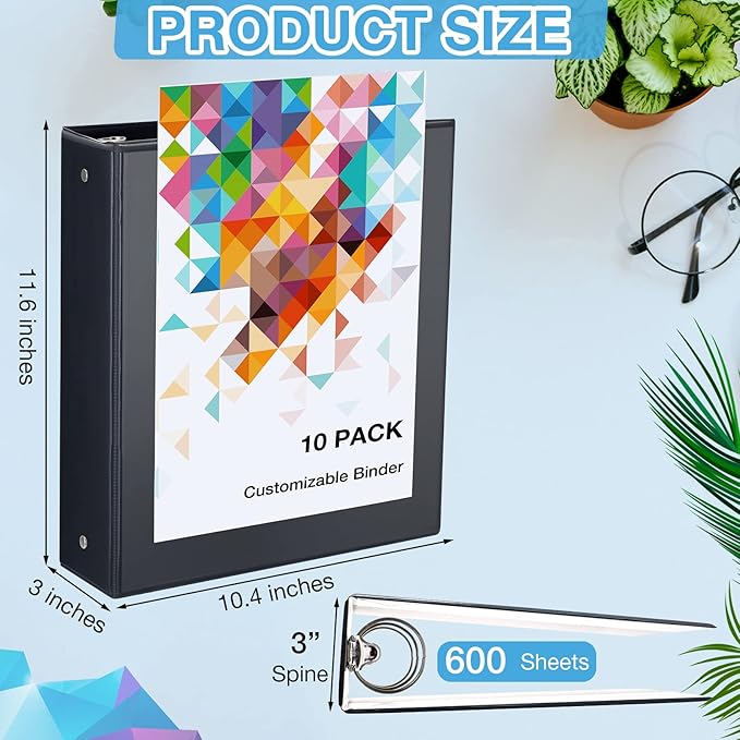 10 Packs 3 Inch Binders 3 Ring Heavy Duty Black Round Rings Bulk 11.6" x 10.4" Presentation Folder View Binder with Pockets Binder for School Office Home Gifts Favors Supplies