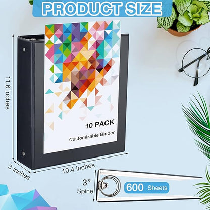 10 Packs 3 Inch Binders 3 Ring Heavy Duty Black Round Rings Bulk 11.6" x 10.4" Presentation Folder View Binder with Pockets Binder for School Office Home Gifts Favors Supplies
