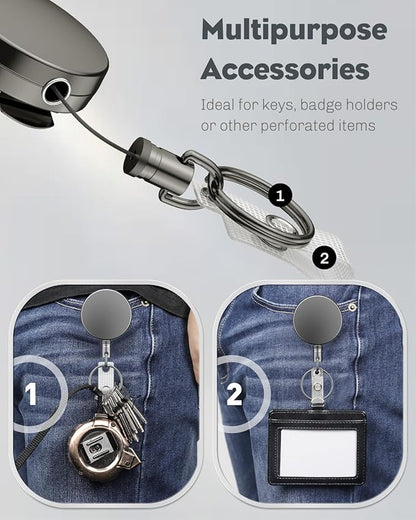 Uniclife 2 Pack Metal Retractable Keychain Heavy Duty Retractable Badge Reel for Badge Holder All Metal Casing with Stainless Steel Spring Coil 27.5 Inch Nylon Rope Belt Clip and Key Ring