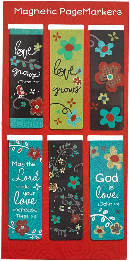 Christian Art Gifts Magnetic Scripture Bookmark Set with Bible Verse: God's Love Never Fails - Inspirational Magnetic Pagemarkers Set of 6 for Bible and Books, Floral Themed Bookmark, Size 2.3" x 0.8"