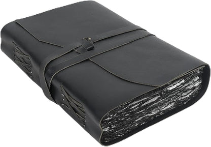 Vintage Black Leather Journal - 200 Pages Gray Deckle Edge Rustic Paper, Unlined Pages Book of Shadows, Grimoire, Junk Notebook, Fantasy Medieval Gifts, Sketchbook, Scrapbook (Raven Black, 7"x5")