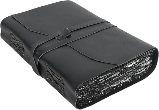 Vintage Black Leather Journal - 200 Pages Gray Deckle Edge Rustic Paper, Unlined Pages Book of Shadows, Grimoire, Junk Notebook, Fantasy Medieval Gifts, Sketchbook, Scrapbook (Raven Black, 7"x5")