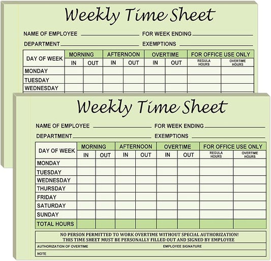 Employee Weekly Time Sheets Weekly Format 2 Part Carbonless 5.5 x 8.26 Inch - Daily Time Sheet Log Book Weekly Format 100 Sets