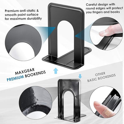 MaxGear Book Ends Universal Premium Bookends for Shelves, Non-Skid Bookend, Heavy Duty Metal Book End, Book Stopper for Books/Movies/CDs/Video Games, 6 x 4.6 x 6 in, Black (4 Pairs/8 Pieces, Large)