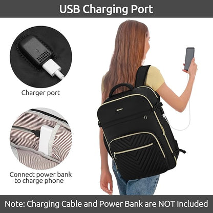 Travel Backpack for Women, Carry On Backpack for Airplanes Flight Approved, Waterproof Large Weekender Overnight Bag Fit 18.4 Inch Laptop with USB Charging Port, Black