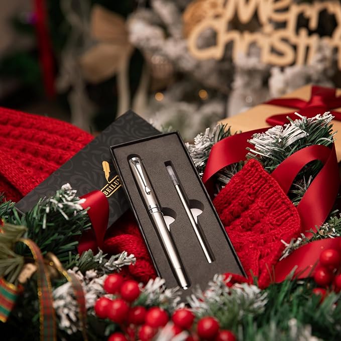 BEILUNER Silver Ballpoint Pens, Stainless Steel Body, Smooth Writing Experience, Dishwasher Safe, Gift Box with Extra Refill