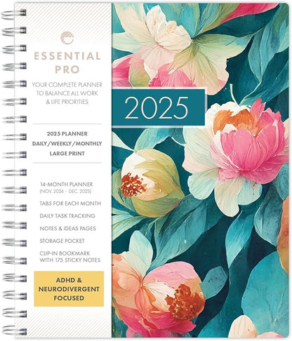 Essential PRO 2025 Daily, Weekly & Monthly Planner, 7"x9": 14 Months (Nov 2024 - Dec 2025) Monthly Tabs,Daily Tracking,Notes Pages,Storage Pocket,Bookmark w Sticky Notes (Teal Floral)