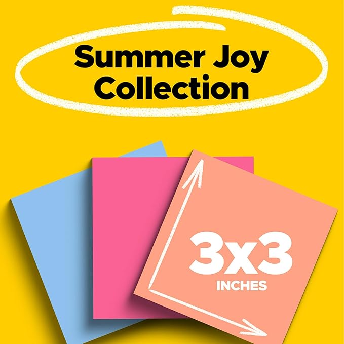 Post-it Super Sticky Notes, 3 Sticky Note Pads, 3 x 3 in., School Supplies, Office Products, Sticky Notes for Vertical Surfaces, Monitors, Walls and Windows, Summer Joy Collection