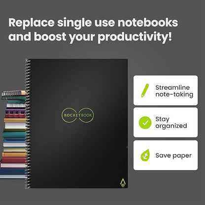 Rocketbook Core Reusable Spiral Notebook, Letter Size 8.5x11, Black - Lined Pages, App-Connected, Erasable, Durable Cover, Ideal for School, Work, and Creative Projects
