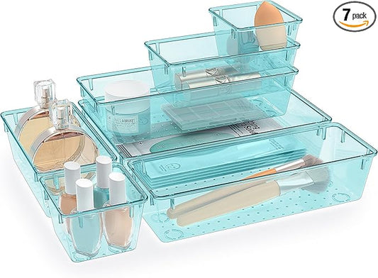 7 PCS Clear Plastic Drawer Organizers Set, 4 Size Desk Drawer Organizer Trays for Makeup, Jewelry, Kitchen Utensils, Gadgets and Office Accessories, Sea Blue