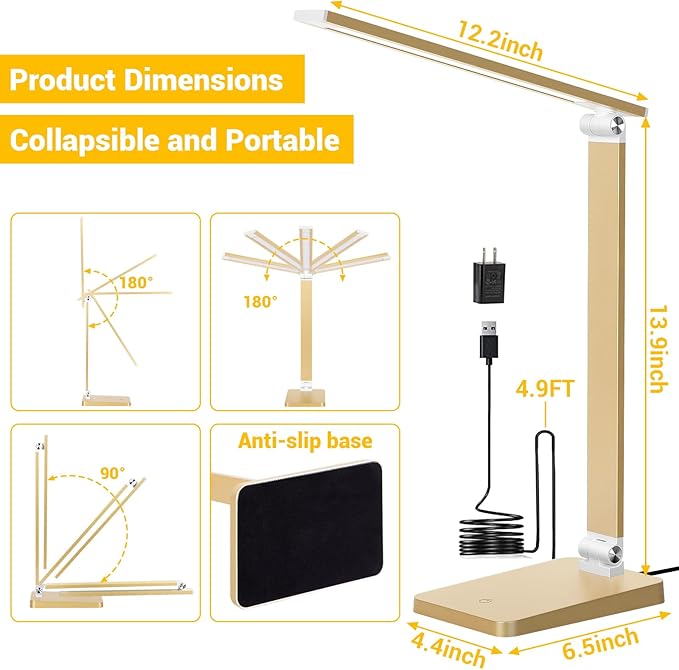 LED Desk Lamp for Home Office, 3 Levels Dimmable Reading Desk Light with USB Charging Port, Desk Accessories Touch Control Table Lamp, Eye-Caring Small Study Lamp for College Dorm Room, Gold, 5000K