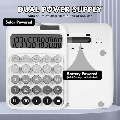 Mechanical Switch Calculator with Big Buttons, Calculators Desktop, 12 Digits, Solar Battery Power, Desk Calculator, Large LCD Display, Cute White Calculator for Teachers Students Basic Office
