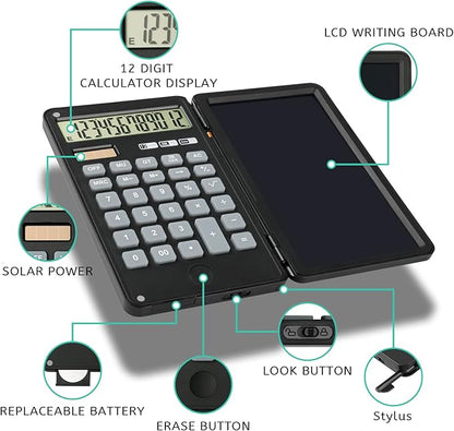Calculator, 12-Digit Large Display Office Desk Calcultors with Erasable Writing Table, Solar and Battery Dual Power Pocket Desktop Calculator for Basic Financial Home School, Black
