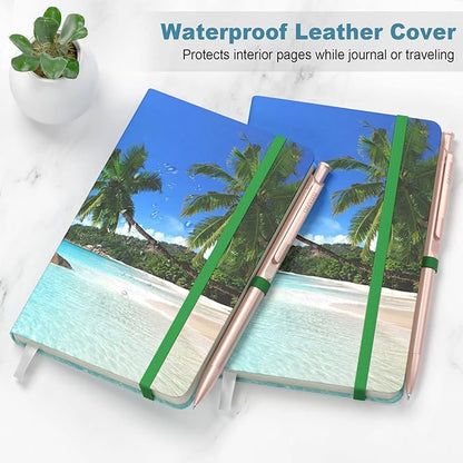 Small Notebook, Mini Pocket Journal A6 5.7" x 3.9", Leather Hardcover Journal with Pen Holder, 160 Thick Papers, Cute Lined Notebook Small Notepad for Women Writing Work Travel, Coconut Trees