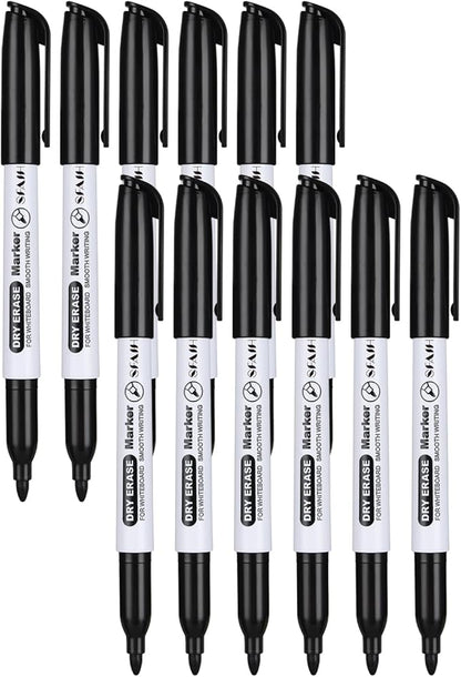 SFAIH Fine Tip Dry Erase Markers - 12 Pack Black Whiteboard Erasable Markers Bulk for Kids Adults, Ideal for Classroom School Office Home Use on White Board, Non-Toxic Easy Clean