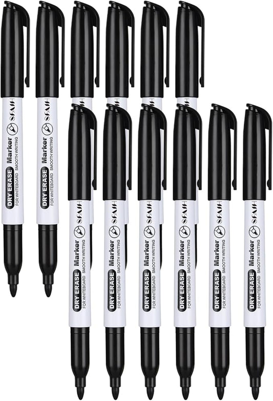 SFAIH Fine Tip Dry Erase Markers - 12 Pack Black Whiteboard Erasable Markers Bulk for Kids Adults, Ideal for Classroom School Office Home Use on White Board, Non-Toxic Easy Clean